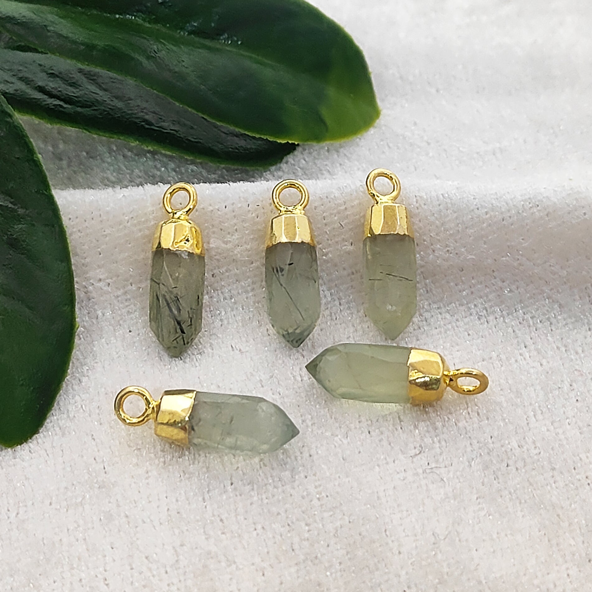 DIY Jewelry Supplies – Gold Trimmed Prehnite Spike Pendant Birthstone Charm