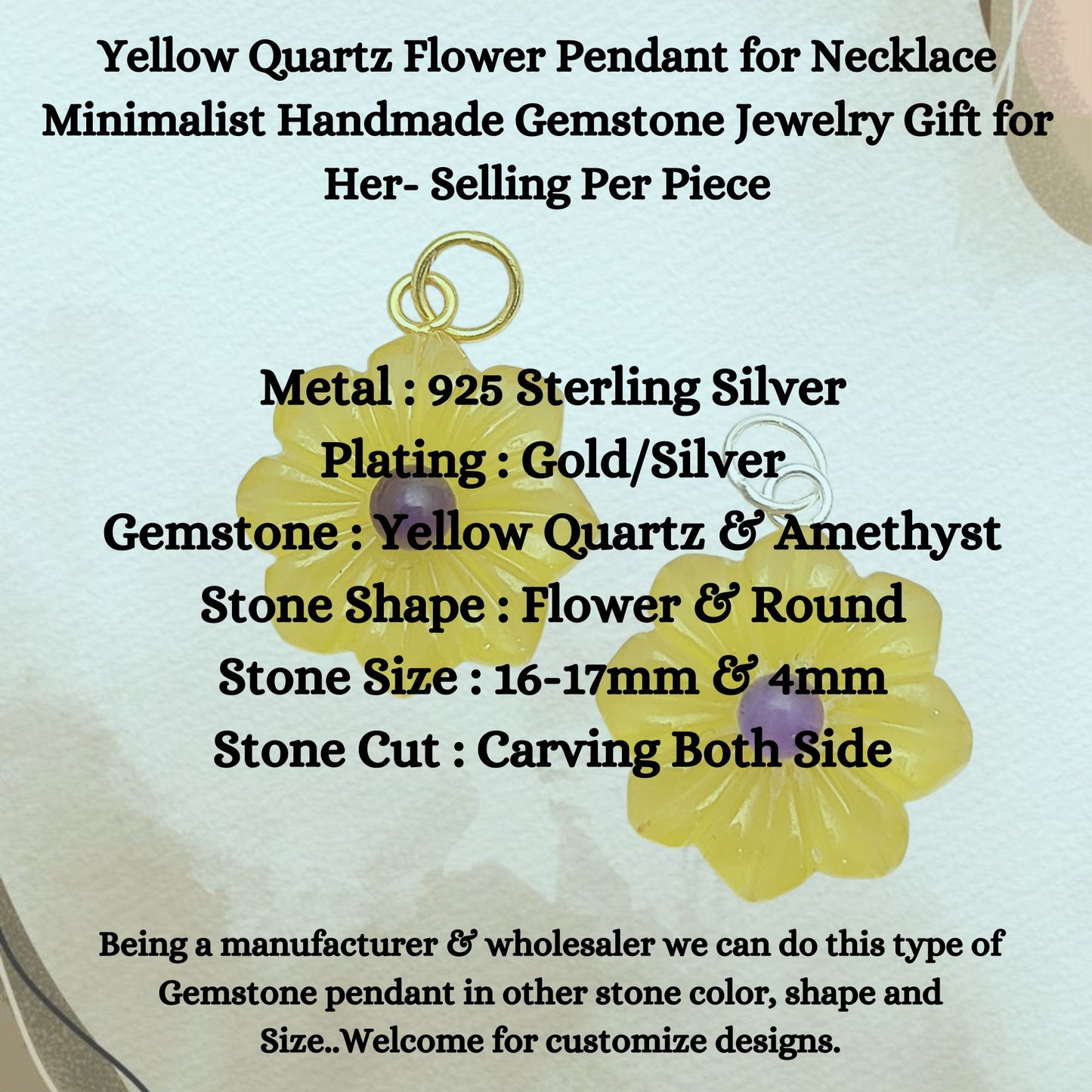 Yellow Quartz Flower Pendant for Necklace Minimalist Handmade Gemstone Jewelry Gift for Her- Selling Per Piece