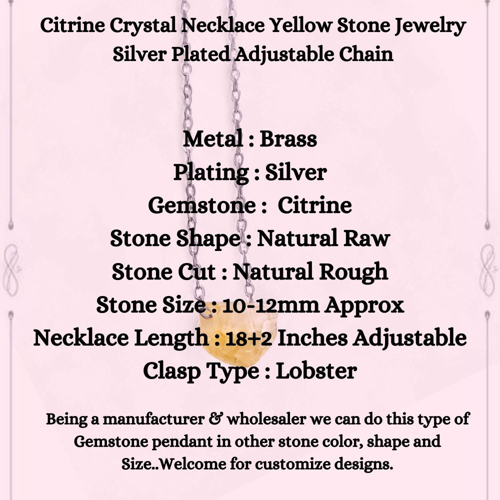 Citrine Crystal Necklace Yellow Stone Jewelry Silver Plated Adjustable Chain
