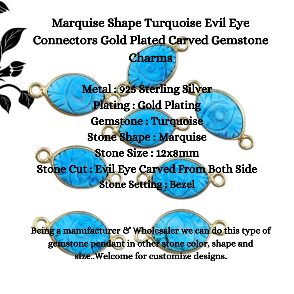 Marquise Shape Turquoise Evil Eye Connectors Gold Plated Carved Gemstone Charms Jewelry- Selling Per Piece