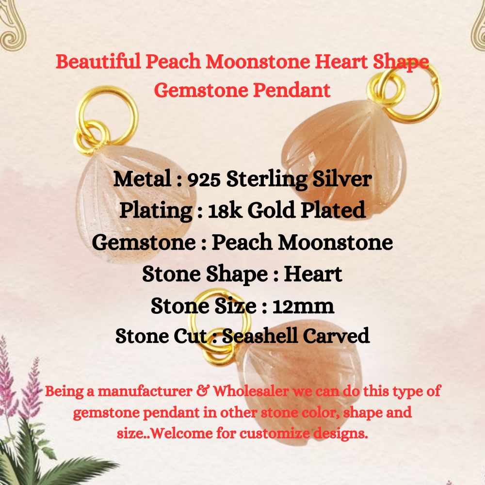 Beautiful Peach Moonstone Heart Shape Gemstone Pendant Gold Plated Silver Seashell Dainty Jewelry for Her- Selling Per Piece