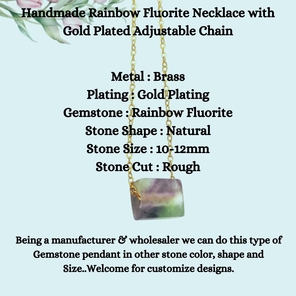 Handmade Rainbow Fluorite Necklace with Gold Plated Adjustable Chain