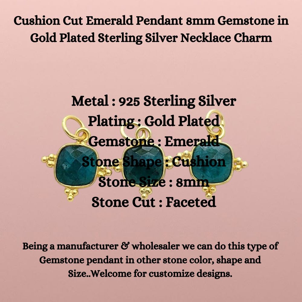 Gold Plated Emerald Pendant - 8mm Cushion Cut Gemstone Sterling Silver Necklace Charm