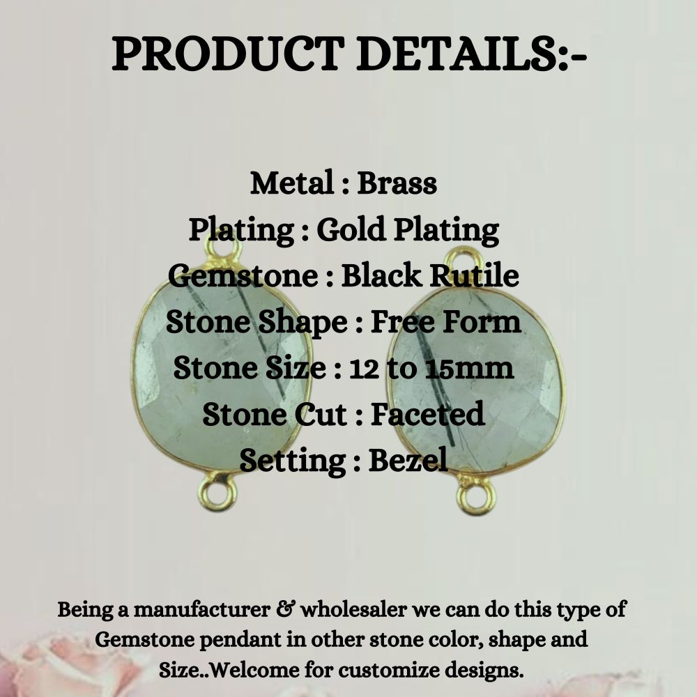 Gold Plated 12–15mm Black Rutile Free Form Connector Unique Natural Stone Links for DIY Bracelets, Necklaces & Earrings- Selling Per Piece