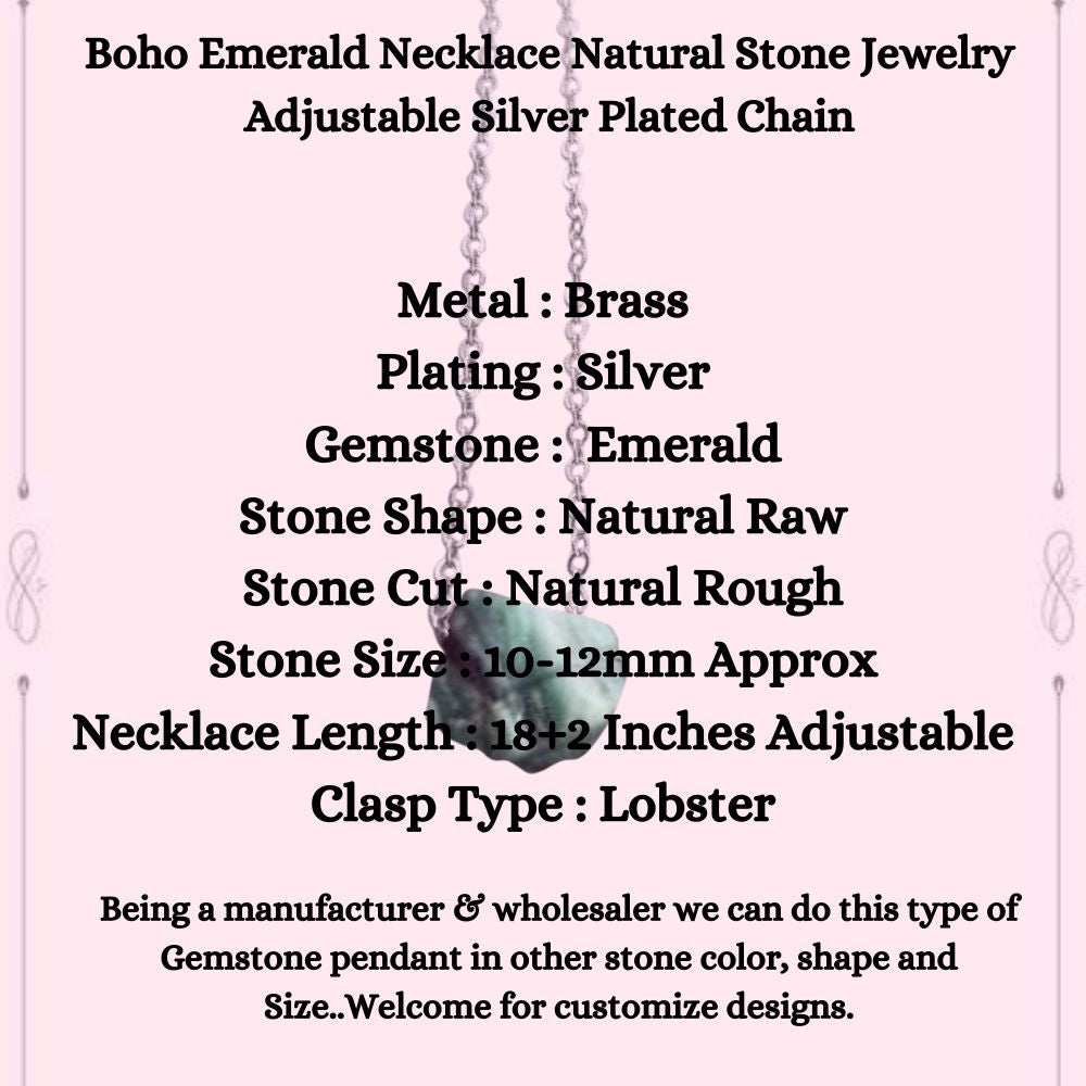 Boho Emerald Necklace Natural Stone Jewelry Adjustable Silver Plated Chain