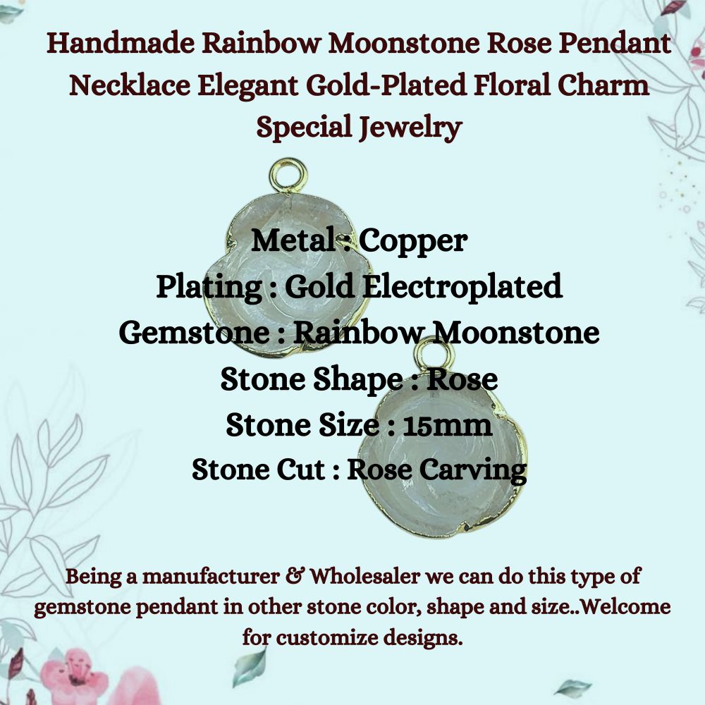 Handmade Rainbow Moonstone Rose Pendant Necklace Elegant Gold-Plated Floral Charm Special Jewelry Gift for Women- Selling Per Piece