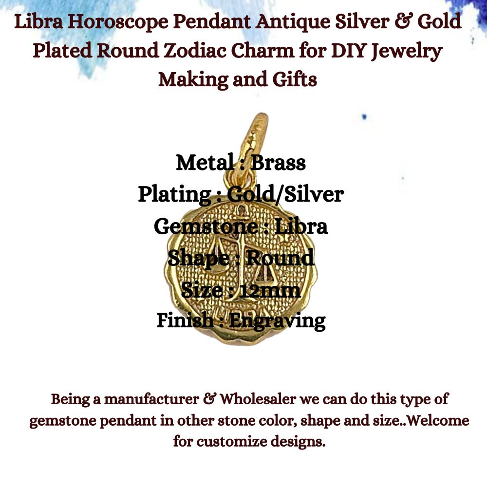 Libra Horoscope Pendant Antique Silver & Gold Plated Round Zodiac Charm for DIY Jewelry Making and Gifts- Selling Per Piece
