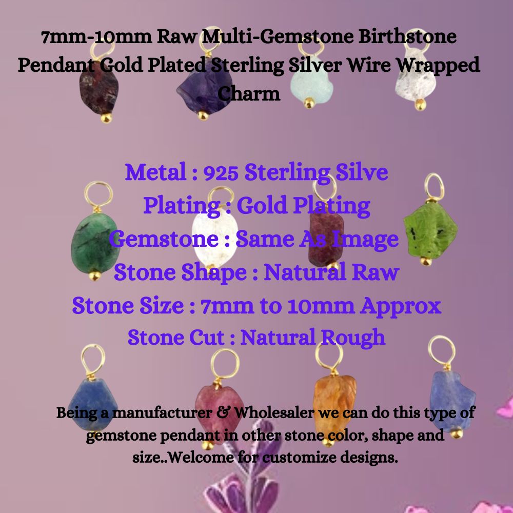 7mm-10mm Raw Multi-Gemstone Birthstone Pendant Gold Plated Sterling Silver Wire Wrapped Charm for Necklace-Selling Per Piece