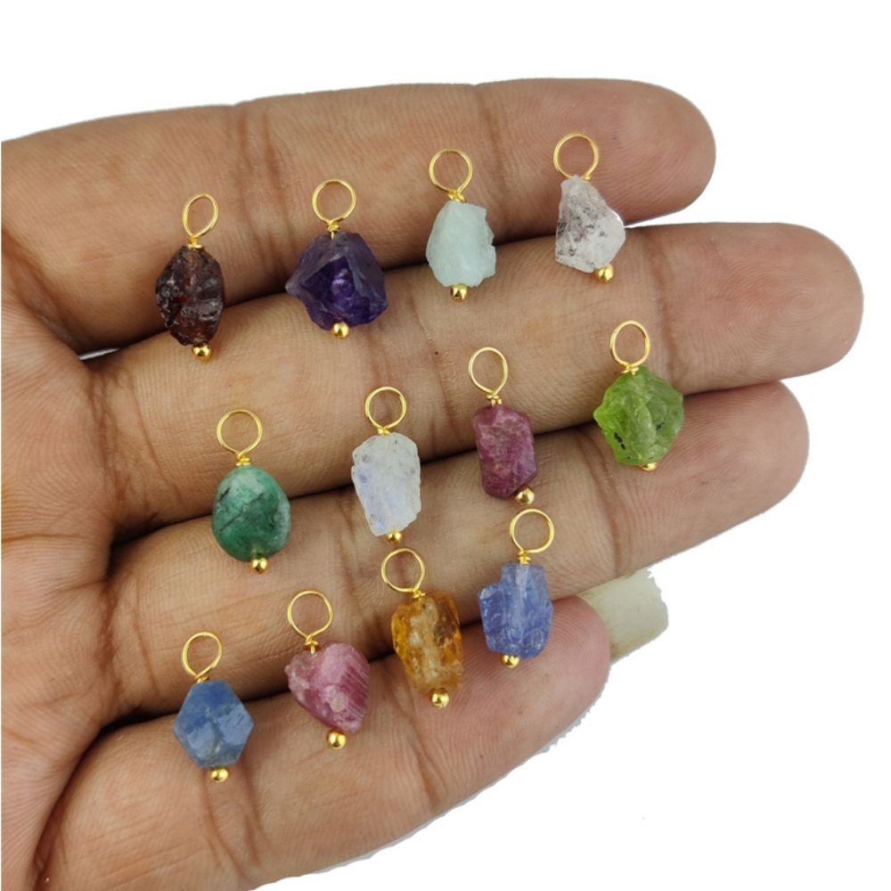 7mm-10mm Raw Multi-Gemstone Birthstone Pendant Gold Plated Sterling Silver Wire Wrapped Charm for Necklace-Selling Per Piece