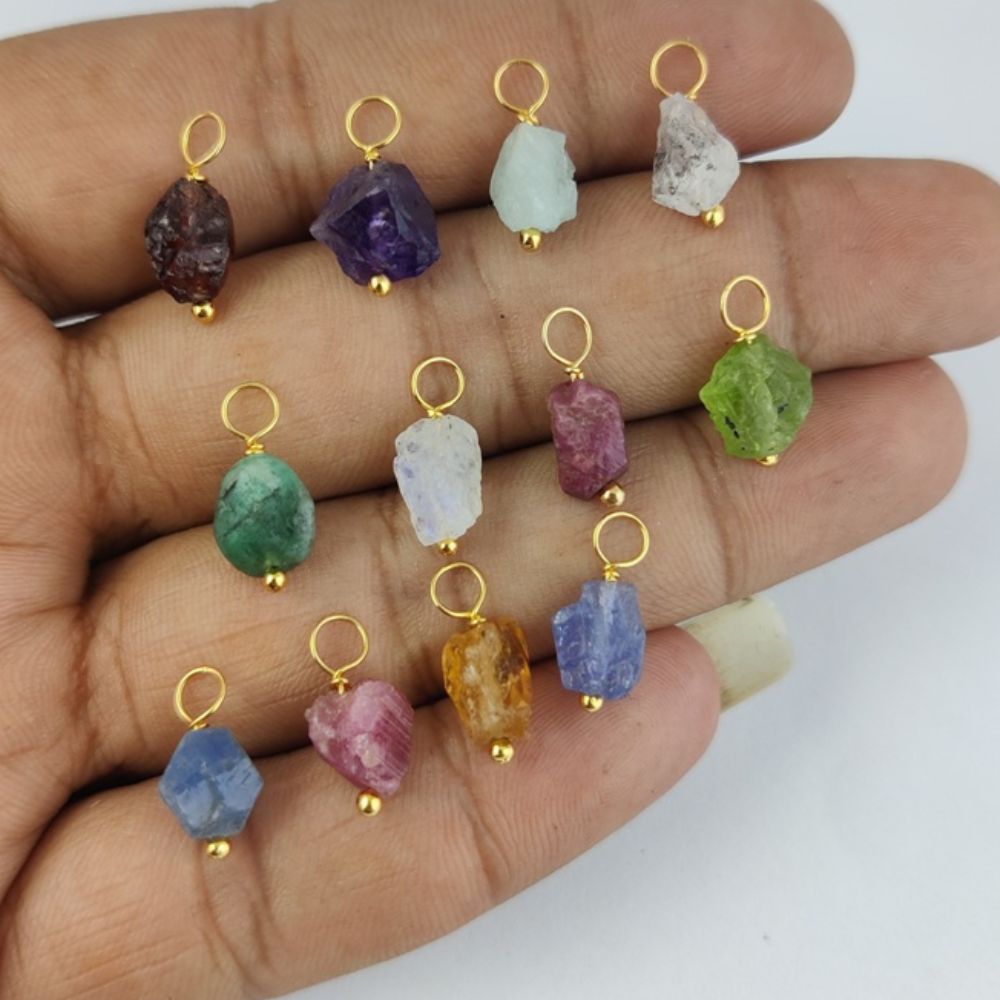 7mm-10mm Raw Multi-Gemstone Birthstone Pendant Gold Plated Sterling Silver Wire Wrapped Charm for Necklace-Selling Per Piece