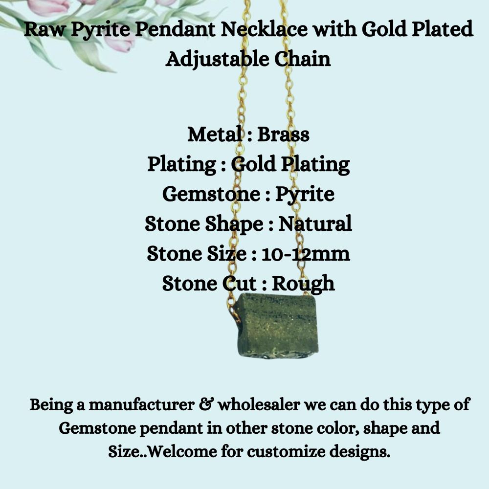 Raw Pyrite Pendant Necklace with Gold Plated Adjustable Chain