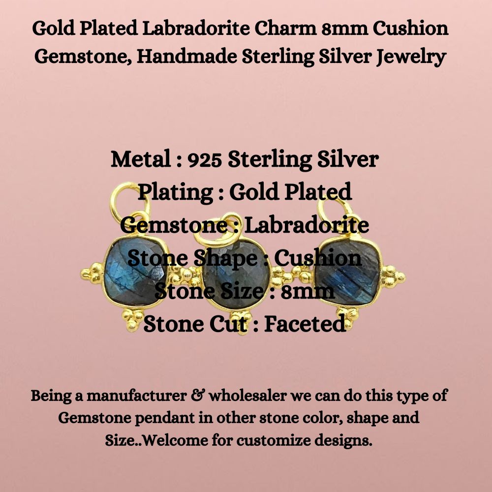 Handmade Gold Plated Labradorite Charm - 8mm Cushion Gemstone Sterling Silver Jewelry