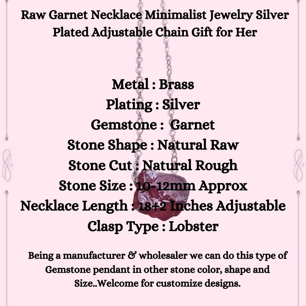 Raw Garnet Necklace Minimalist Jewelry Silver Plated Adjustable Chain Gift for Her