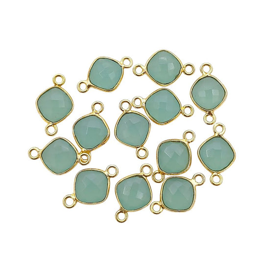 8mm Aqua Chalcedony Connector Link Cushion Cut Faceted Gemstone with Gold Plated Dual Loop Bezel for DIY Jewelry- Selling Per Piece