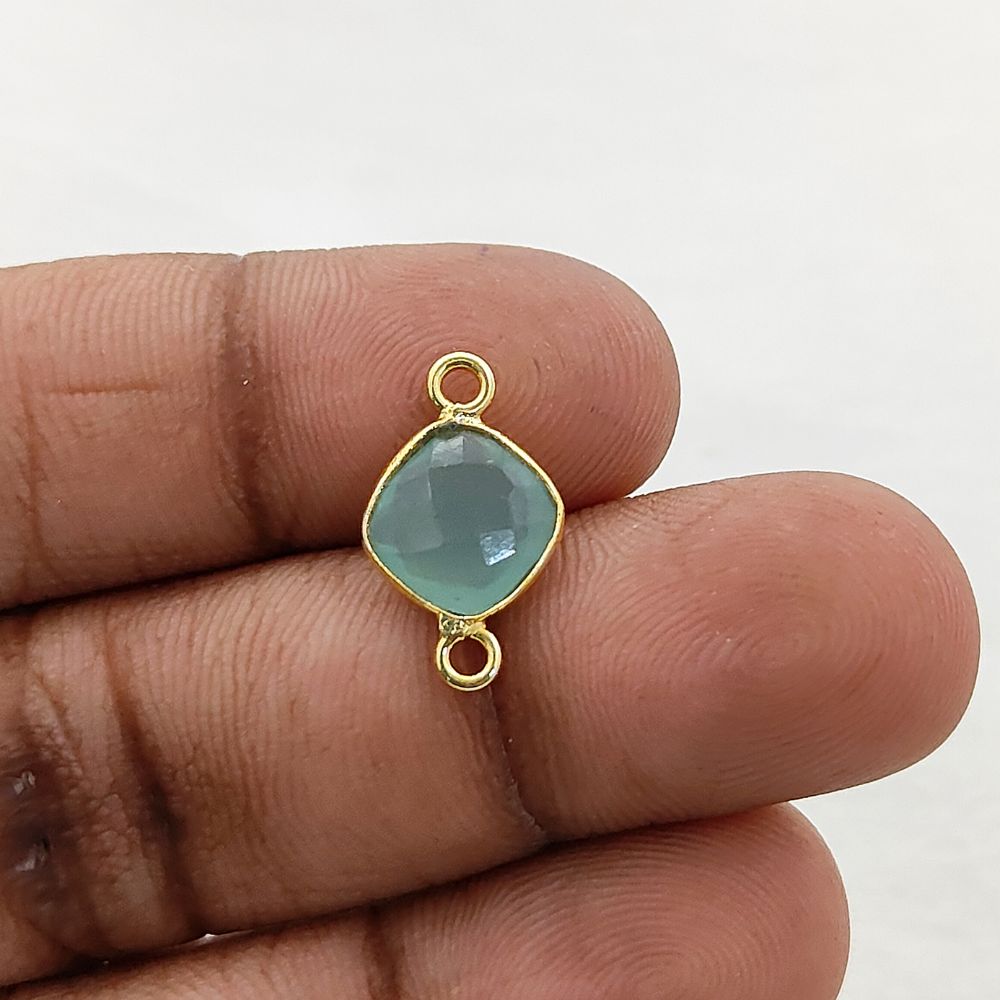 8mm Aqua Chalcedony Connector Link Cushion Cut Faceted Gemstone with Gold Plated Dual Loop Bezel for DIY Jewelry- Selling Per Piece