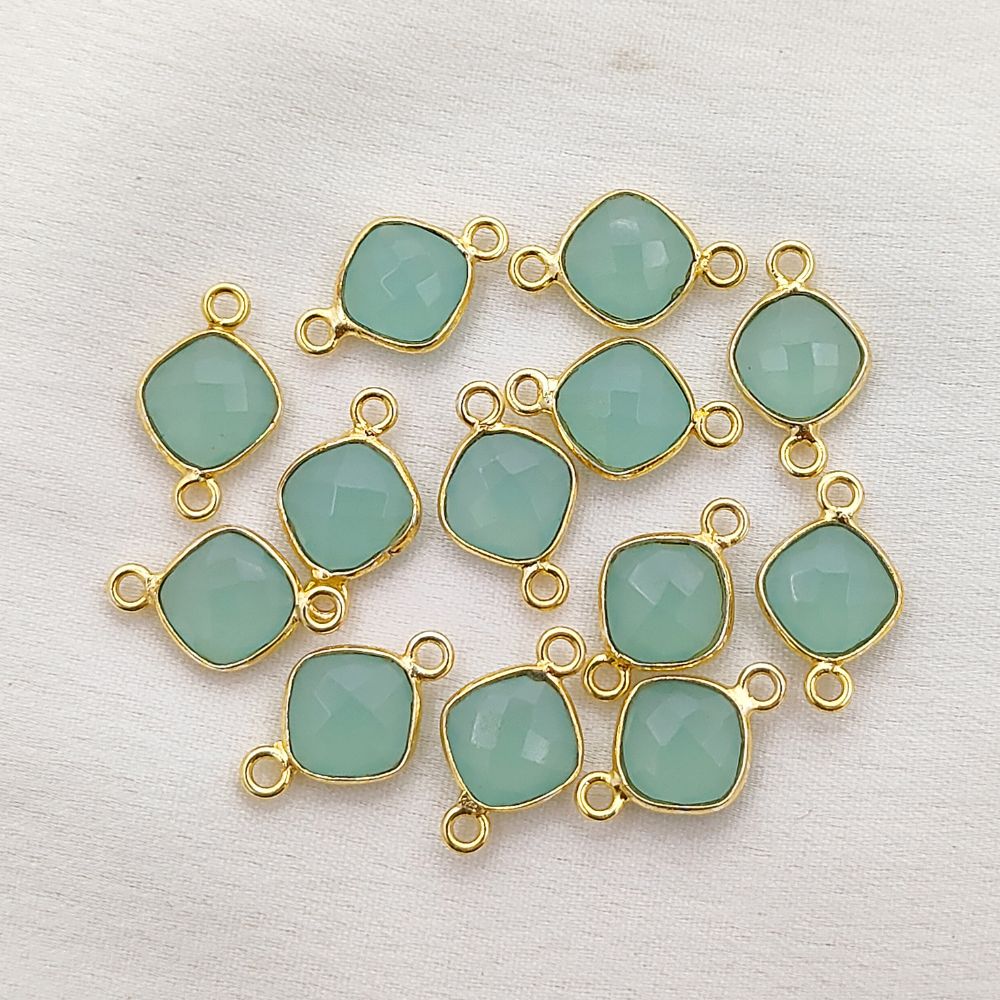 8mm Aqua Chalcedony Connector Link Cushion Cut Faceted Gemstone with Gold Plated Dual Loop Bezel for DIY Jewelry- Selling Per Piece
