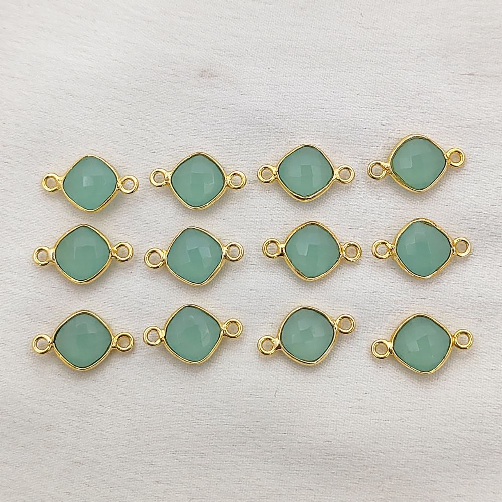 8mm Aqua Chalcedony Connector Link Cushion Cut Faceted Gemstone with Gold Plated Dual Loop Bezel for DIY Jewelry- Selling Per Piece