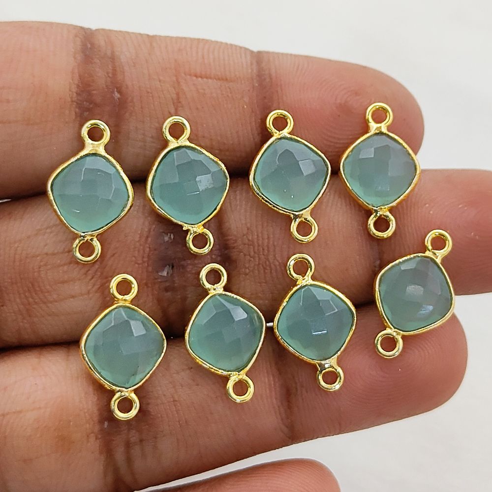 8mm Aqua Chalcedony Connector Link Cushion Cut Faceted Gemstone with Gold Plated Dual Loop Bezel for DIY Jewelry- Selling Per Piece