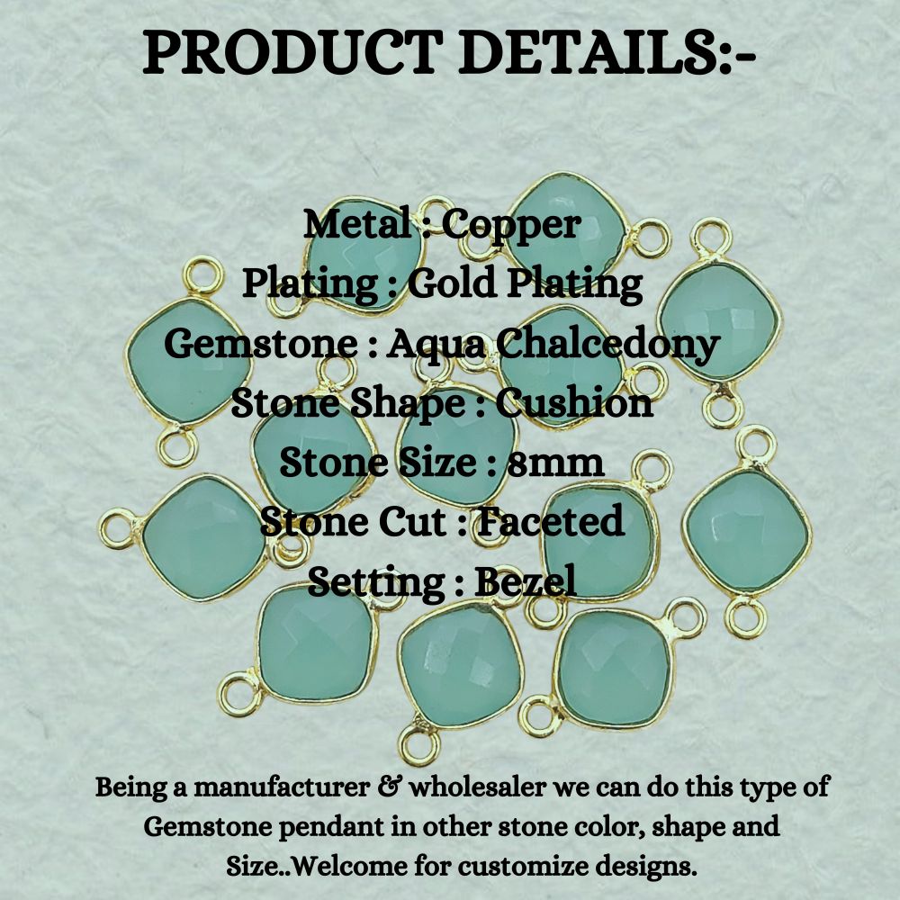8mm Aqua Chalcedony Connector Link Cushion Cut Faceted Gemstone with Gold Plated Dual Loop Bezel for DIY Jewelry- Selling Per Piece