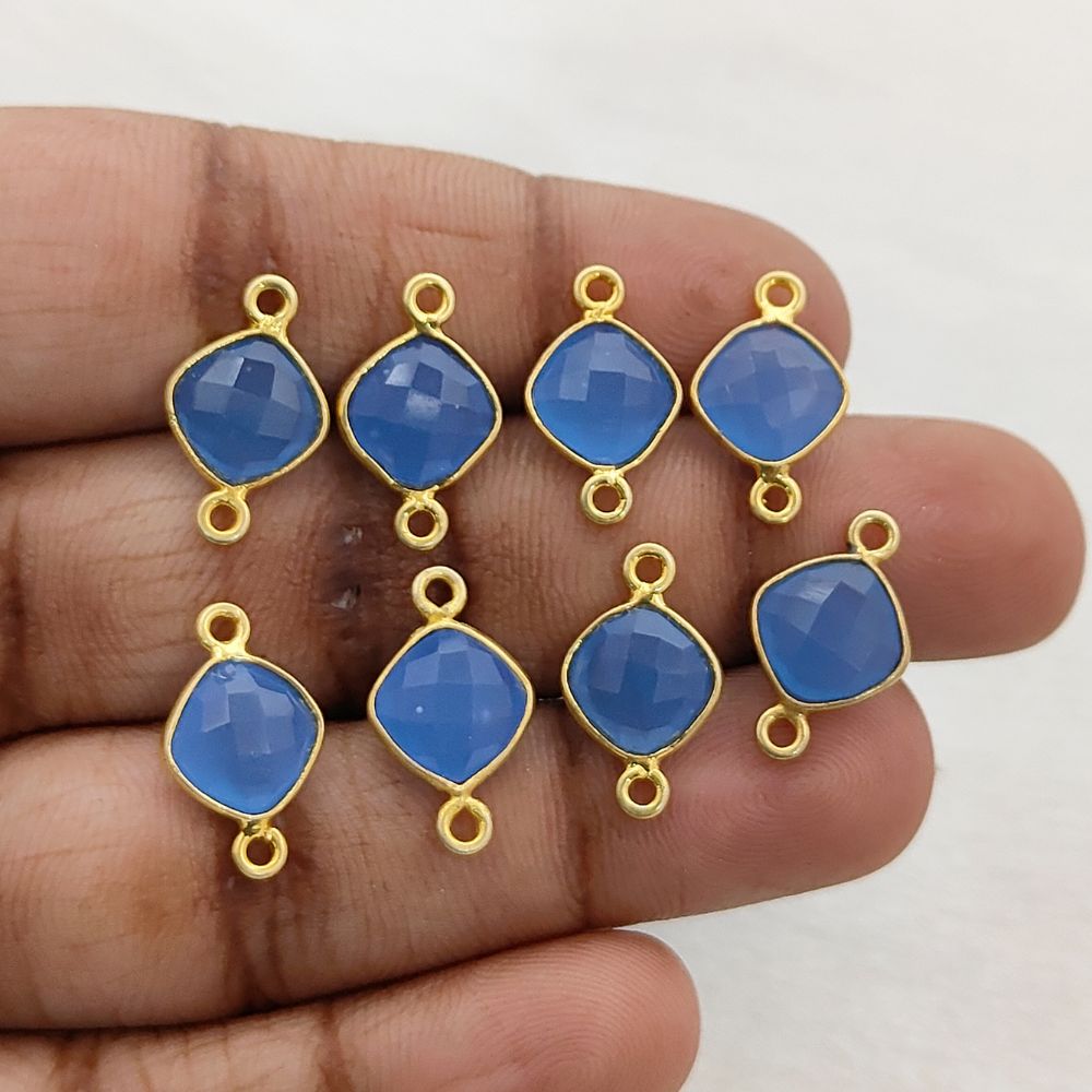 8mm Blue Chalcedony Gemstone Connector Gold Bezel Dual Loop Cushion Cut Charm- Selling Per Piece