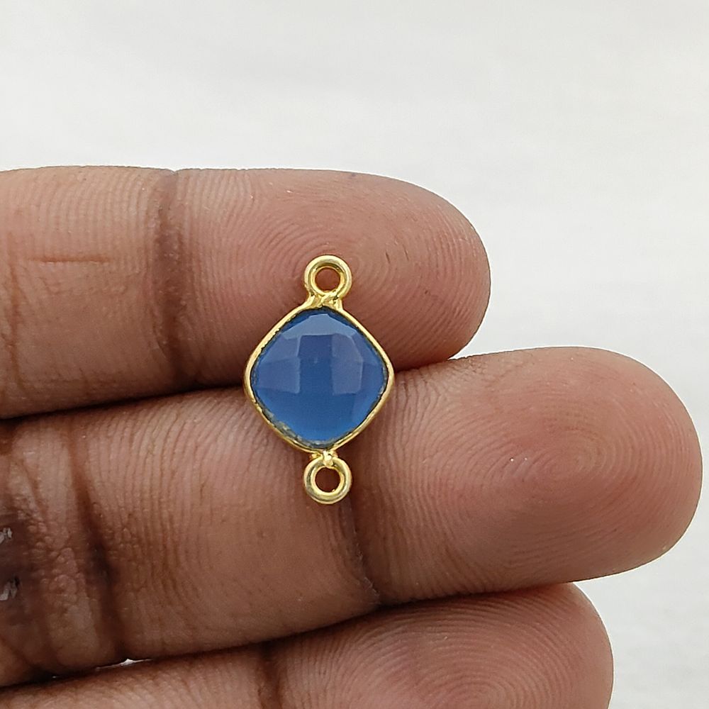 8mm Blue Chalcedony Gemstone Connector Gold Bezel Dual Loop Cushion Cut Charm- Selling Per Piece