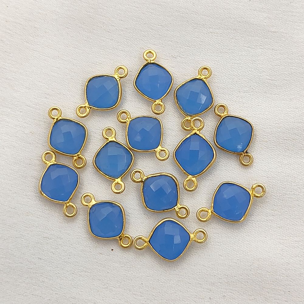 8mm Blue Chalcedony Gemstone Connector Gold Bezel Dual Loop Cushion Cut Charm- Selling Per Piece