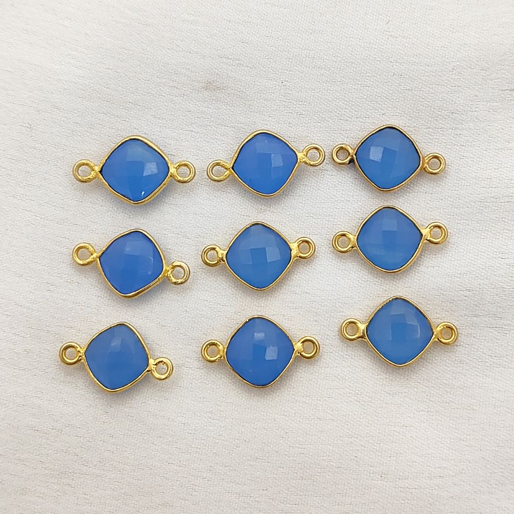 8mm Blue Chalcedony Gemstone Connector Gold Bezel Dual Loop Cushion Cut Charm- Selling Per Piece