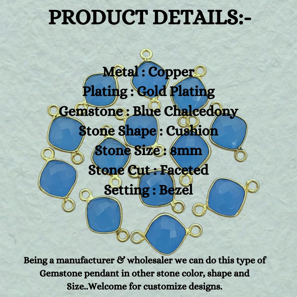 8mm Blue Chalcedony Gemstone Connector Gold Bezel Dual Loop Cushion Cut Charm- Selling Per Piece