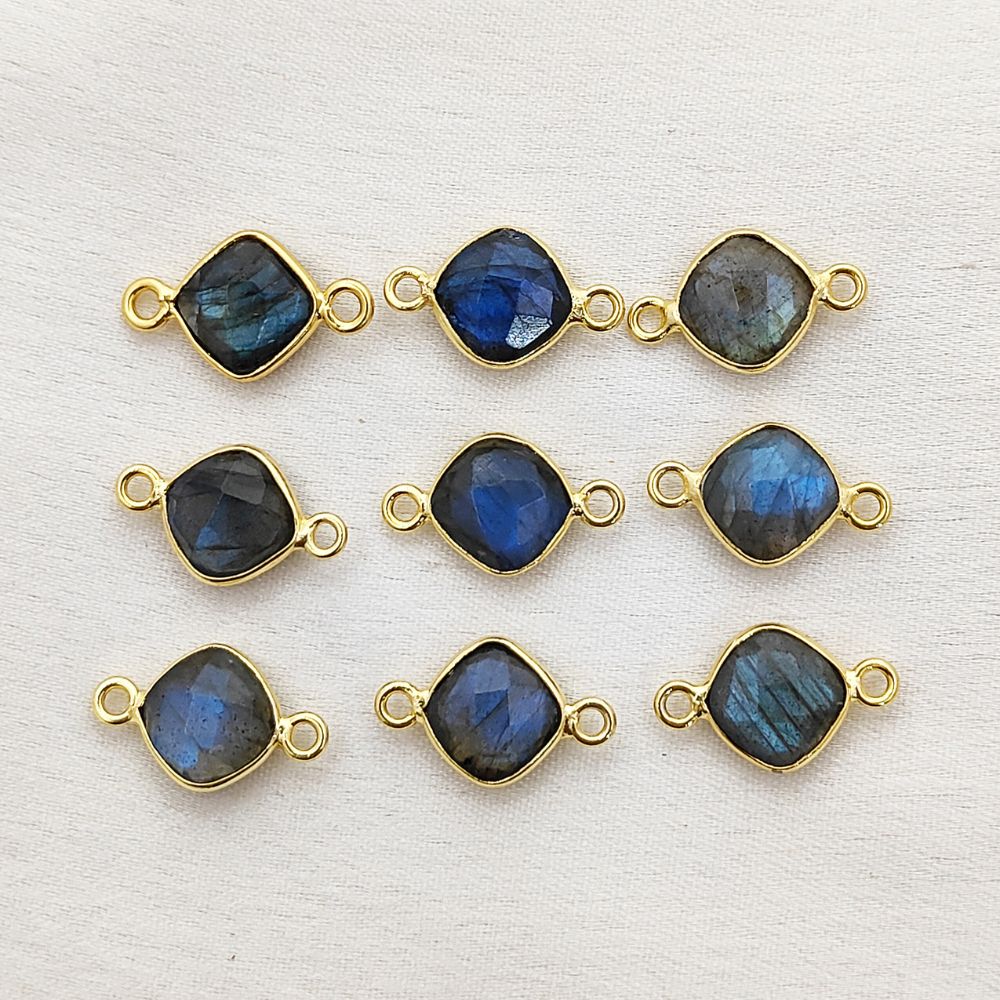 8mm Cushion Labradorite Gemstone Connector Dual Loop Gold Bezel Link for DIY Jewelry Designs- Selling Per Piece