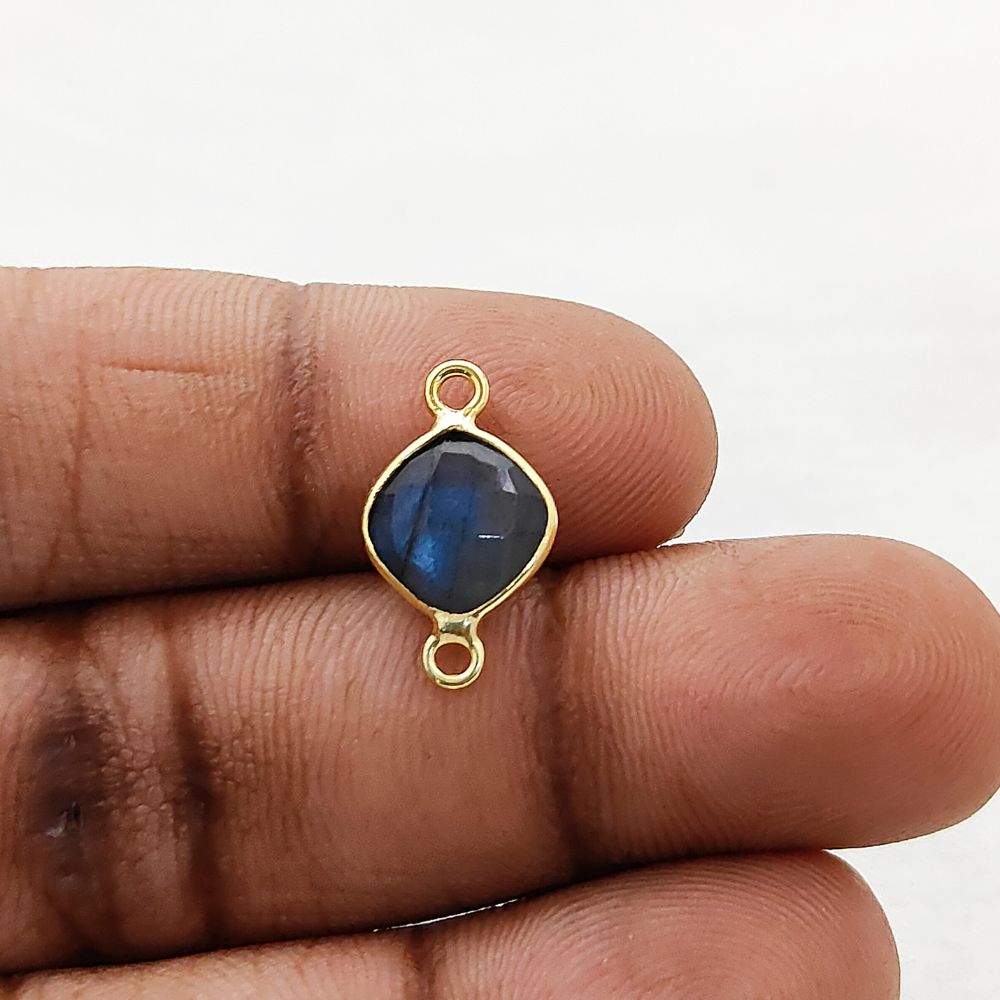 8mm Cushion Labradorite Gemstone Connector Dual Loop Gold Bezel Link for DIY Jewelry Designs- Selling Per Piece