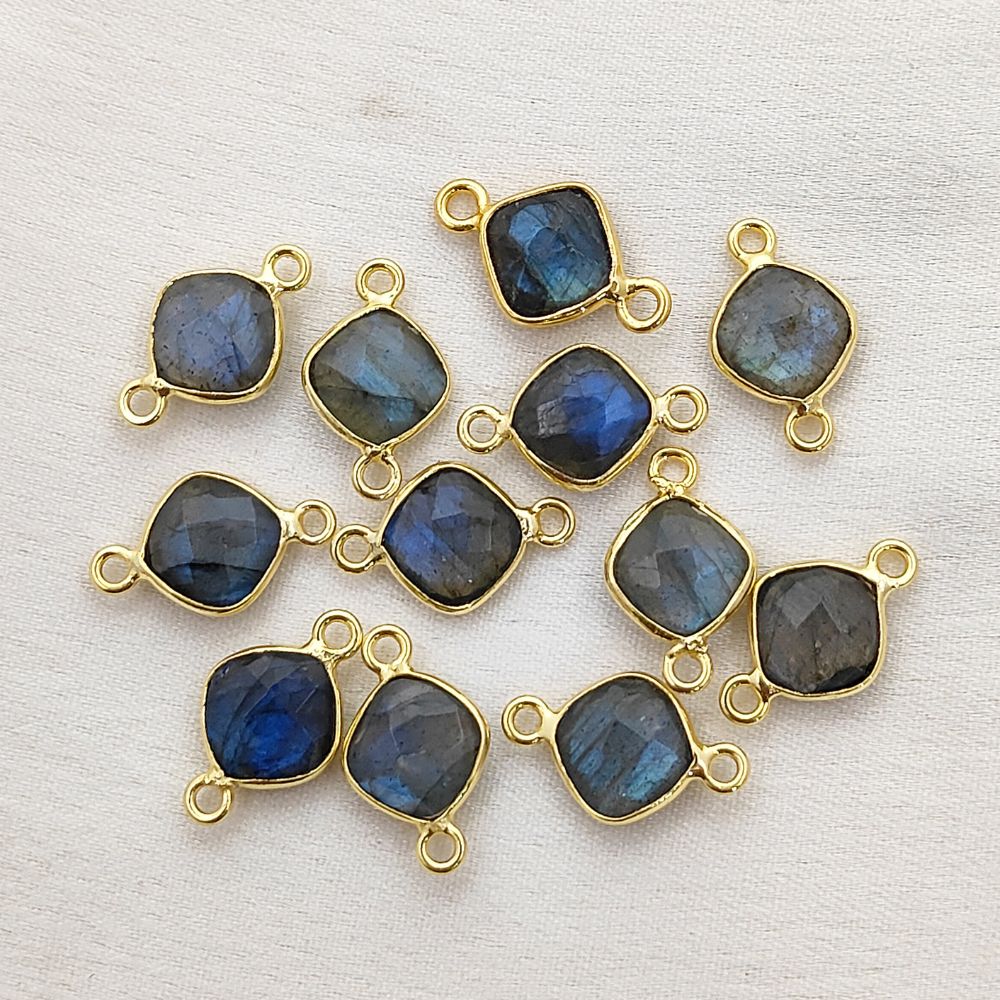 8mm Cushion Labradorite Gemstone Connector Dual Loop Gold Bezel Link for DIY Jewelry Designs- Selling Per Piece