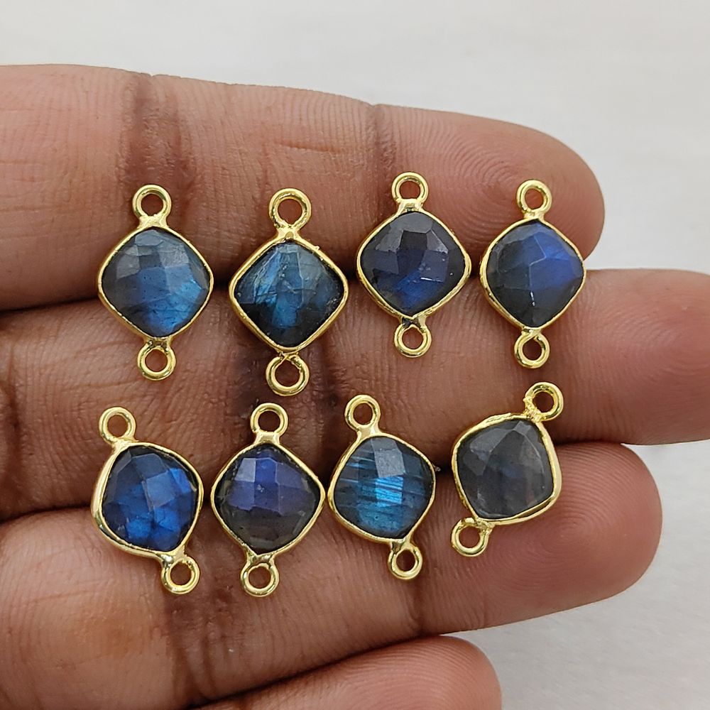 8mm Cushion Labradorite Gemstone Connector Dual Loop Gold Bezel Link for DIY Jewelry Designs- Selling Per Piece