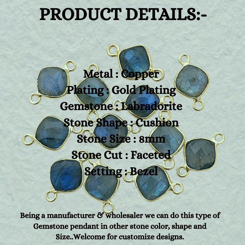 8mm Cushion Labradorite Gemstone Connector Dual Loop Gold Bezel Link for DIY Jewelry Designs- Selling Per Piece