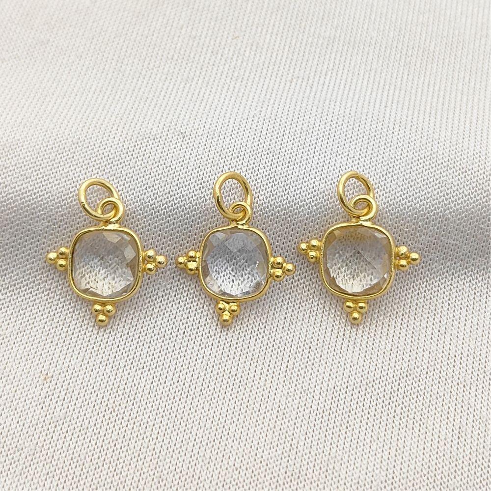 8mm Cushion Crystal Quartz Pendant Gold Plated 925 Silver Charm, Healing Stone Jewelry