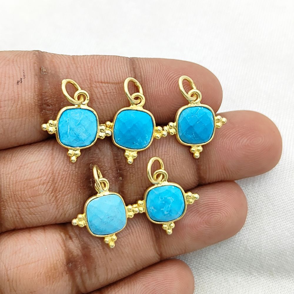8mm Turquoise Pendant - Gold Plated Sterling Silver Cushion Cut Handmade Charm