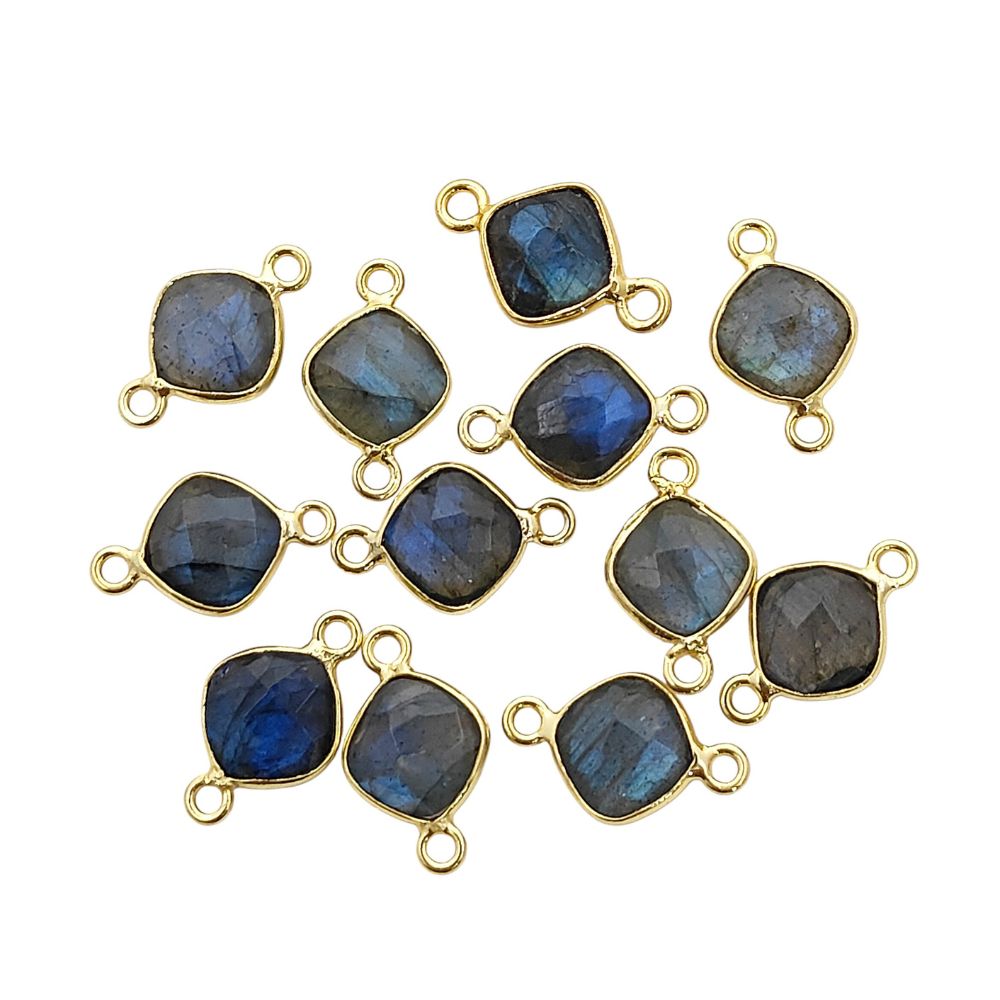 Gold Plated 8mm Cushion Cut Multi-Color Gemstone Connector Link Dual Loop Faceted Stone Charm for Handmade Jewelry- Selling Per Piece