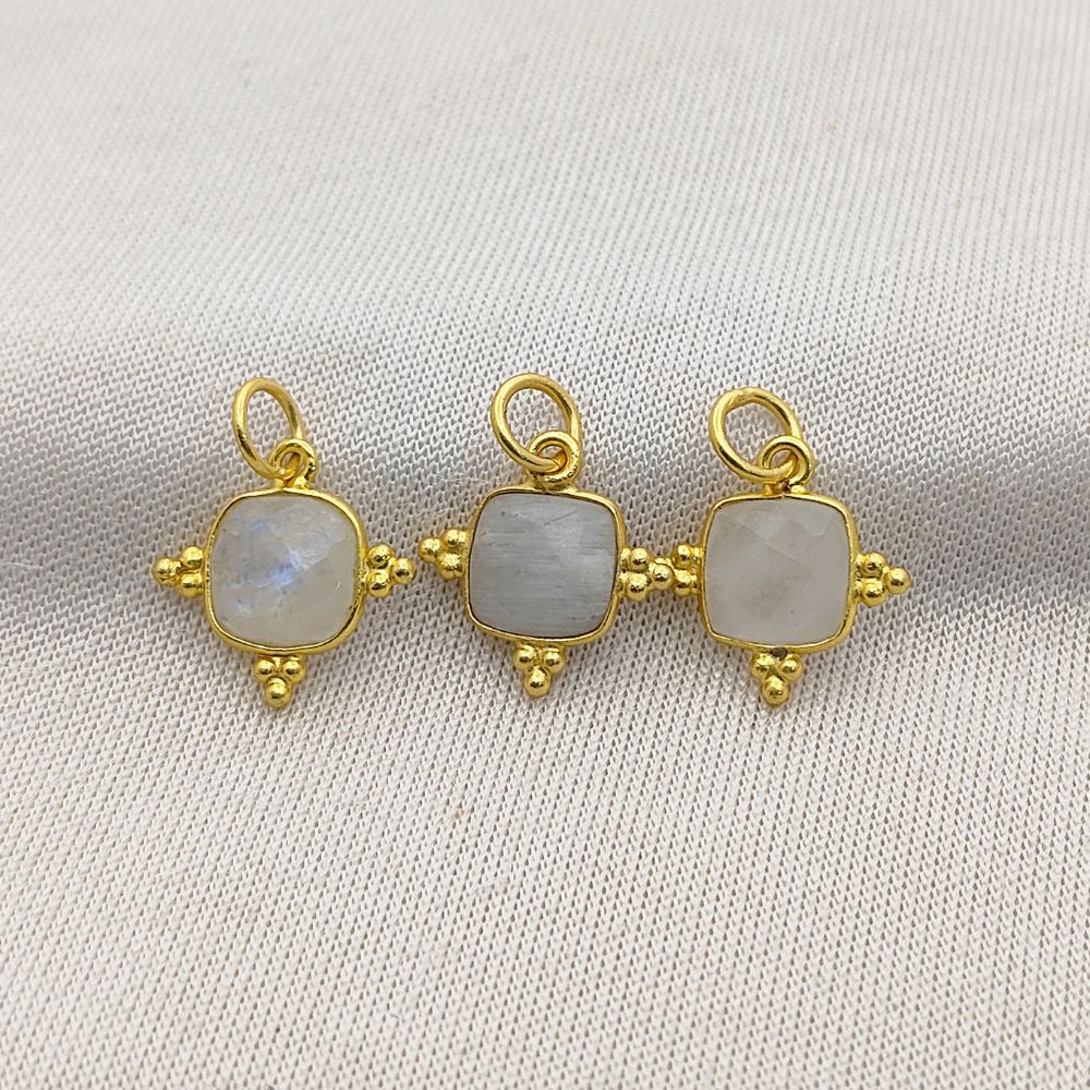 8mm Cushion Rainbow Moonstone Pendant - Handmade Gold Plated Sterling Silver Jewelry