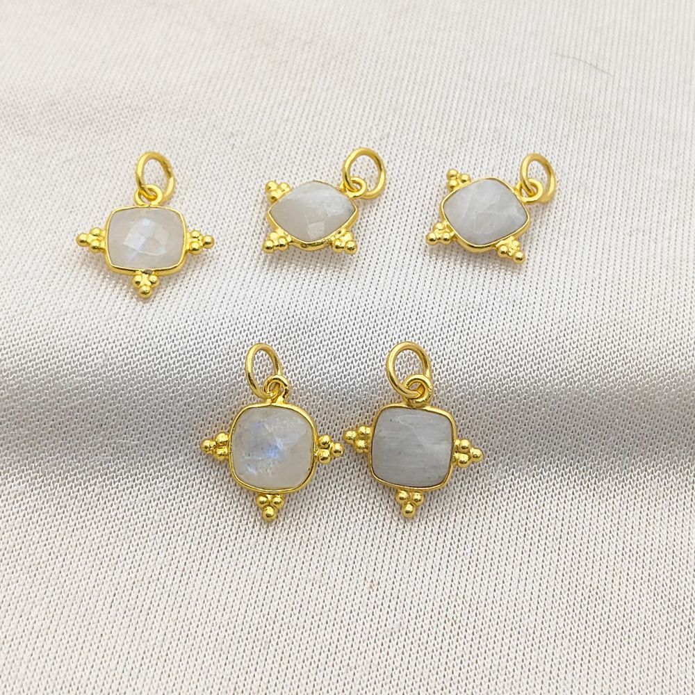 Handmade 8mm Rainbow Moonstone Pendant - Cushion Cut in Gold Plated Sterling Silver