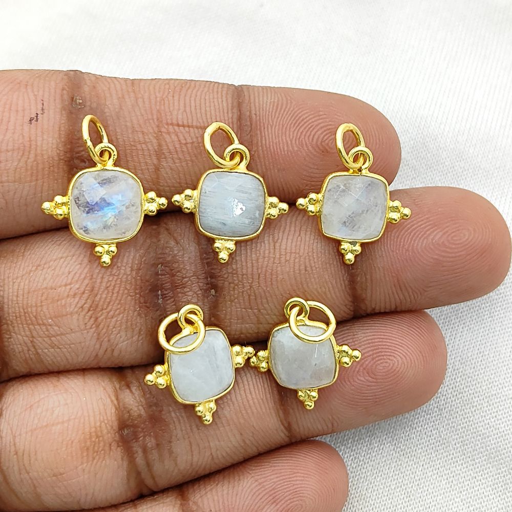 Gold Plated 8mm Rainbow Moonstone Pendant - Handmade Sterling Silver Cushion Cut Gemstone