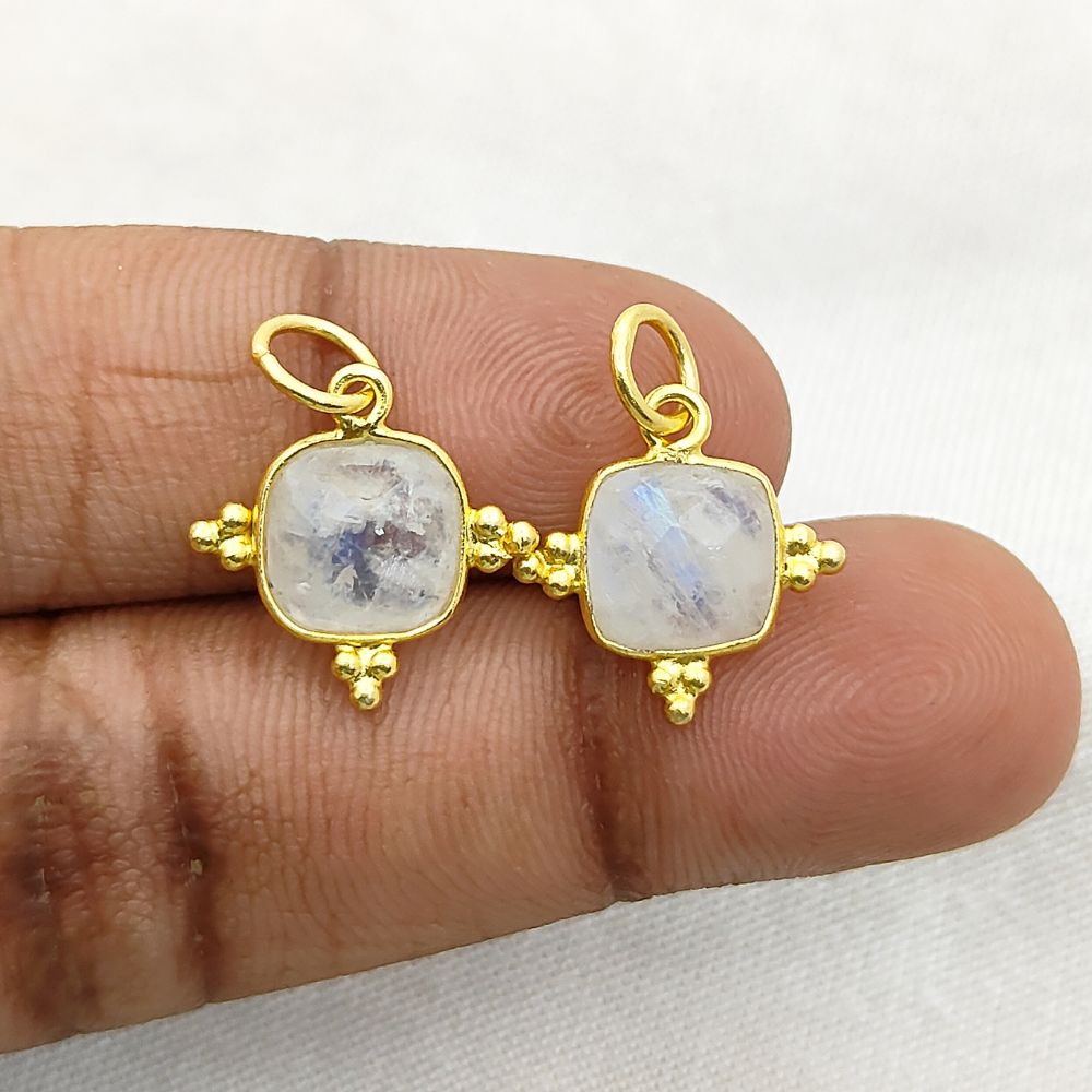 8mm Cushion Rainbow Moonstone Gemstone Handmade Pendant in Gold Plated Sterling Silver
