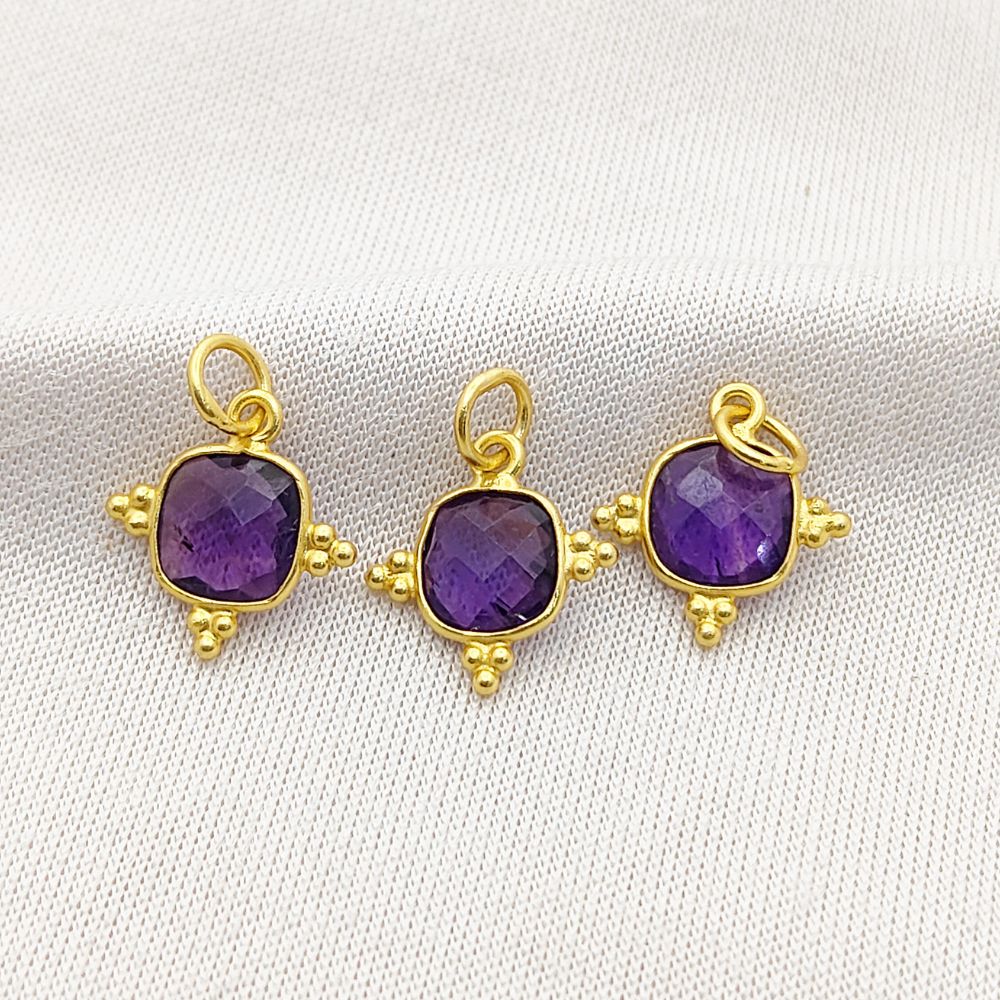 8mm Cushion Shape Amethyst Pendant Gold Plated Sterling Silver Handmade Jewelry Charms