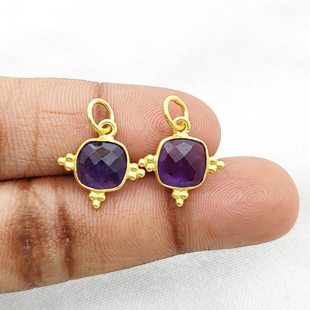 8mm Cushion Amethyst Gold Plated Pendant - Handmade Sterling Silver Jewelry Charm