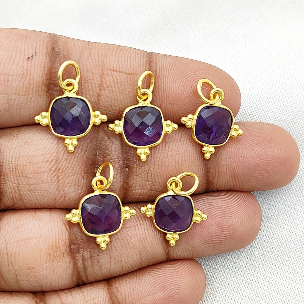 Amethyst 8mm Cushion Cut Pendant - Gold Plated Sterling Silver Handmade Charm
