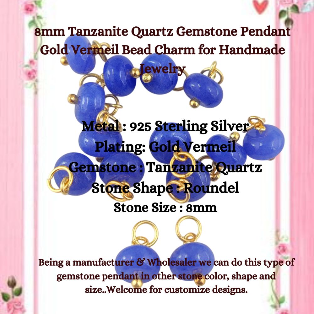 8mm Tanzanite Quartz Gemstone Pendant Gold Vermeil Bead Charm for Handmade Jewelry- Selling Per Piece