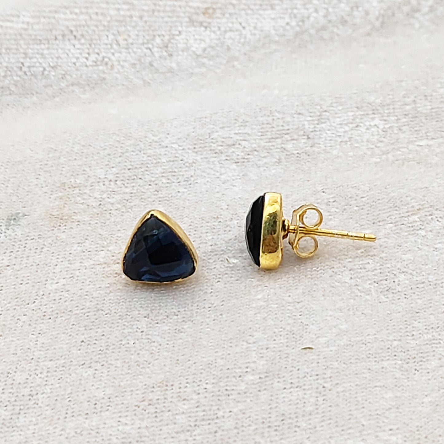 Gold Plated 925 Sterling Silver Iolite Stud Earrings Trillion Faceted Gemstone Studs for Women- Selling Per Pair