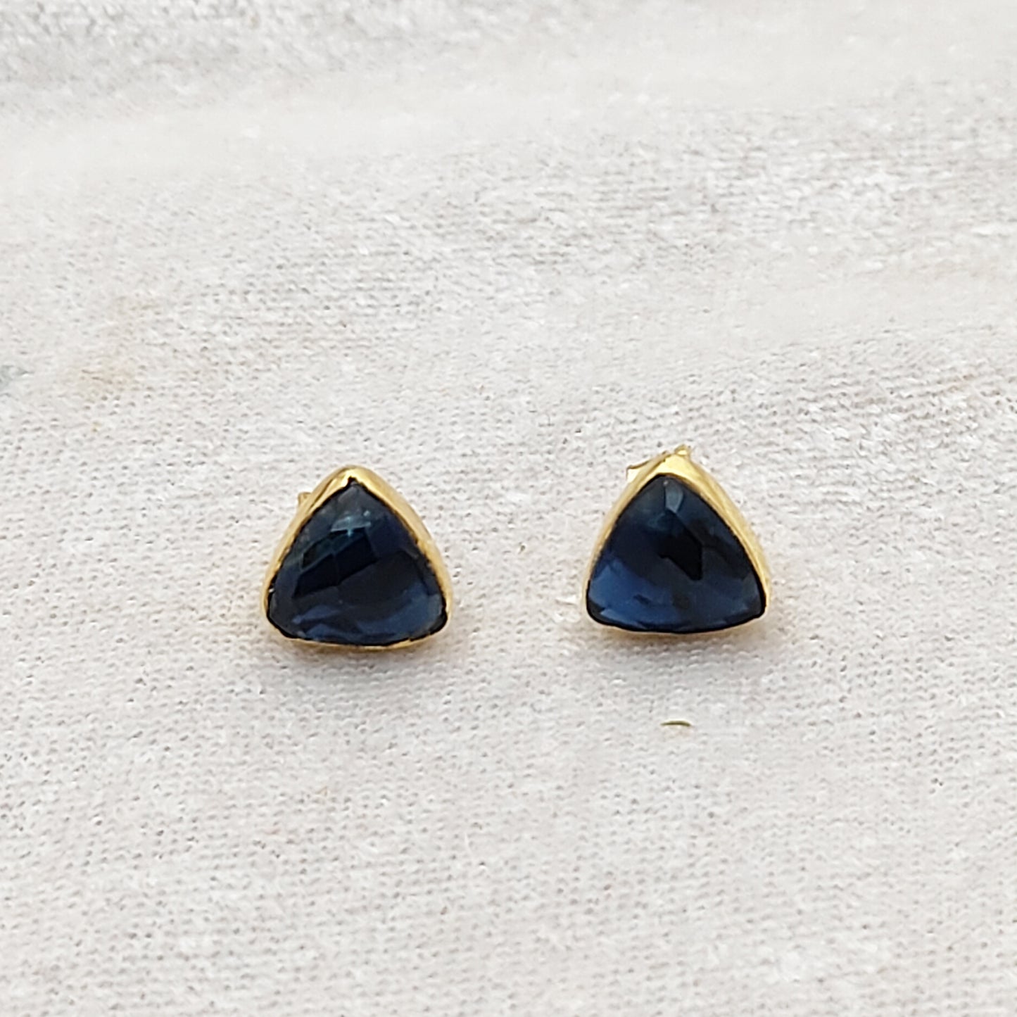 Gold Plated 925 Sterling Silver Iolite Stud Earrings Trillion Faceted Gemstone Studs for Women- Selling Per Pair