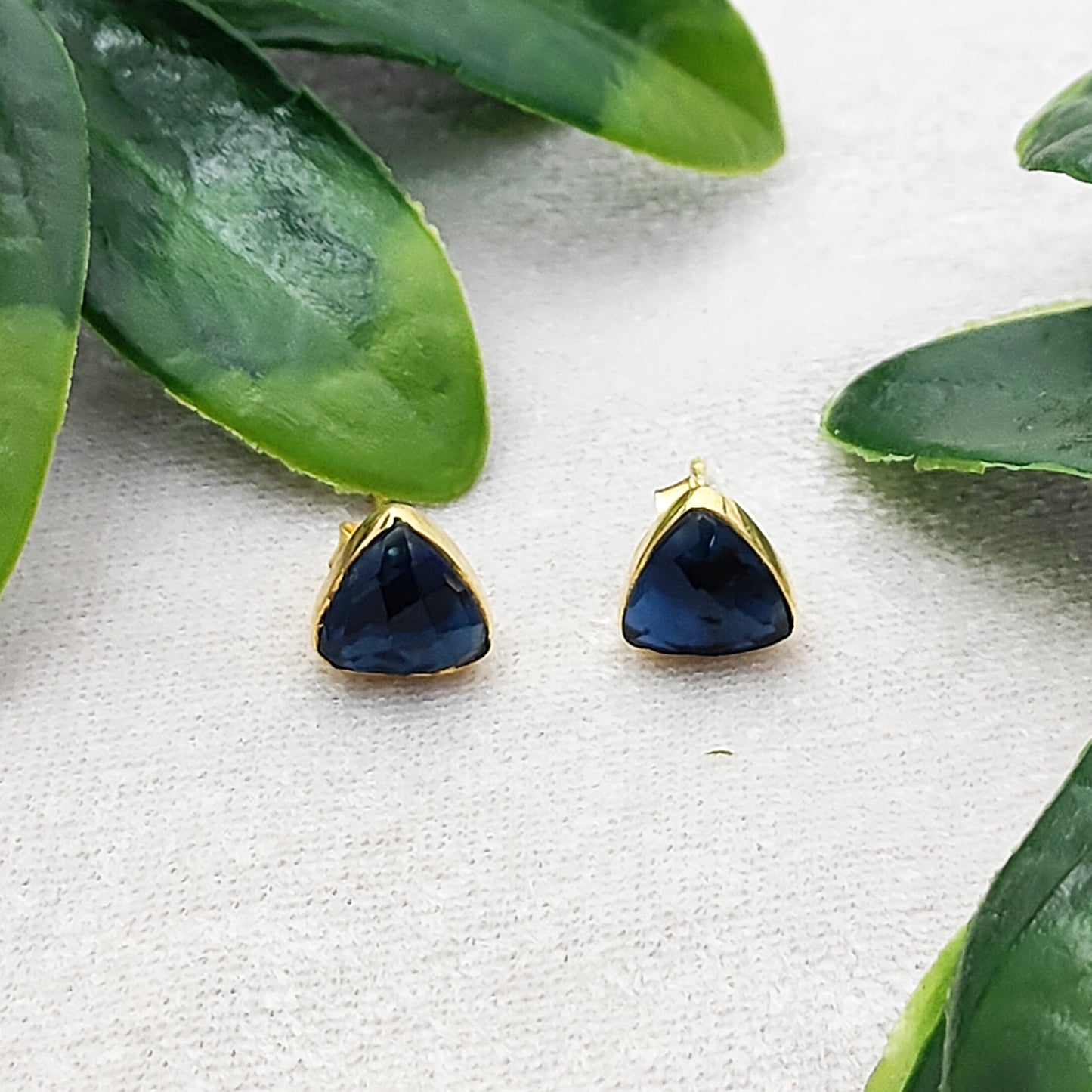 Gold Plated 925 Sterling Silver Iolite Stud Earrings Trillion Faceted Gemstone Studs for Women- Selling Per Pair