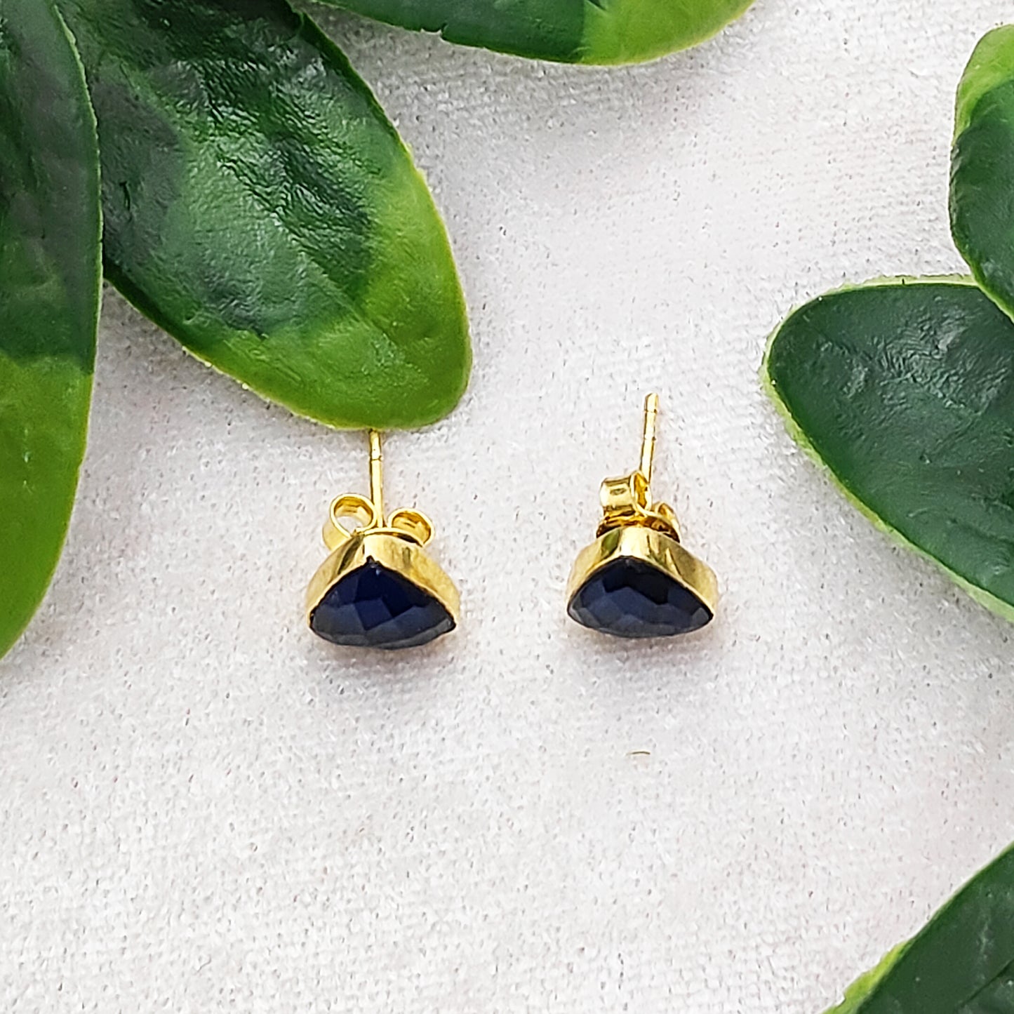 Gold Plated 925 Sterling Silver Iolite Stud Earrings Trillion Faceted Gemstone Studs for Women- Selling Per Pair