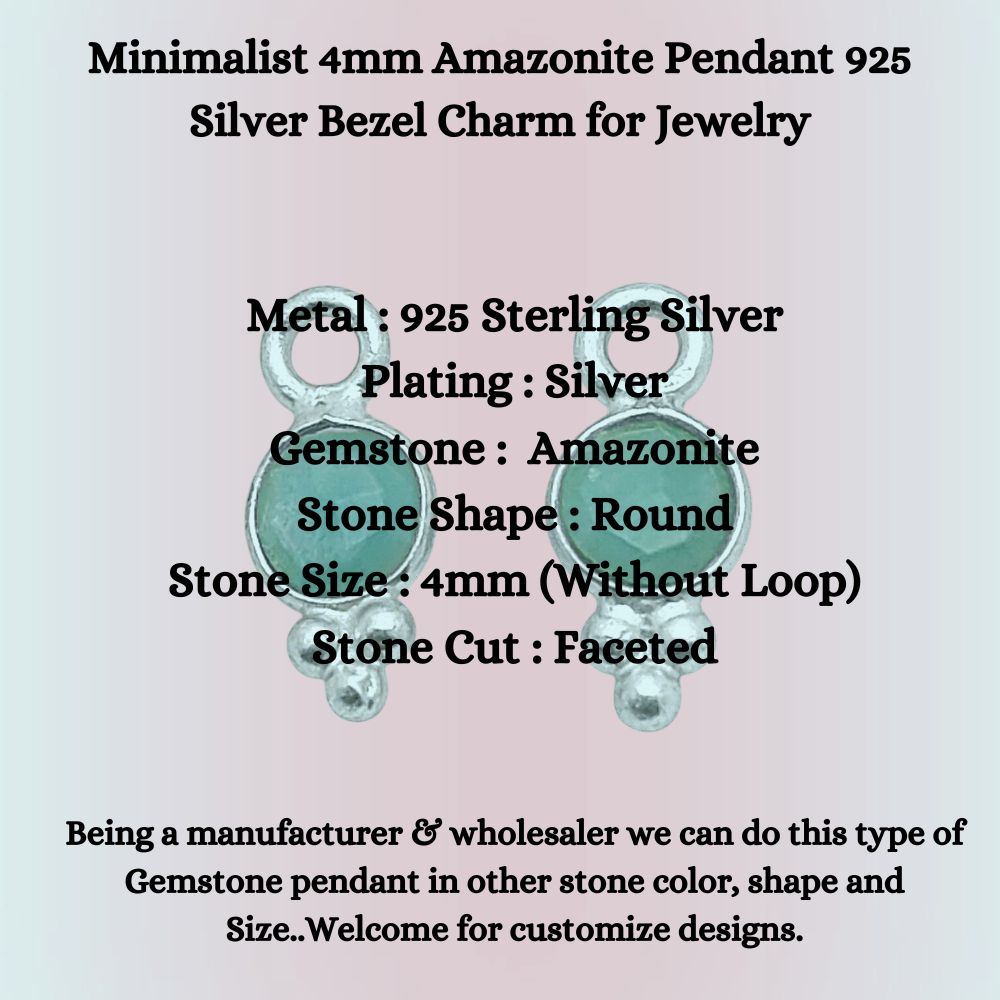 Minimalist 4mm Amazonite Pendant 925 Silver Bezel Charm for Jewelry