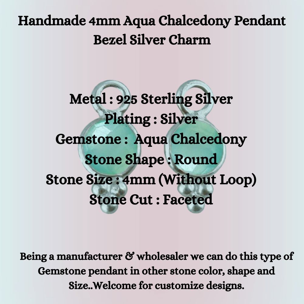 Handmade 4mm Aqua Chalcedony Pendant Bezel Silver Charm